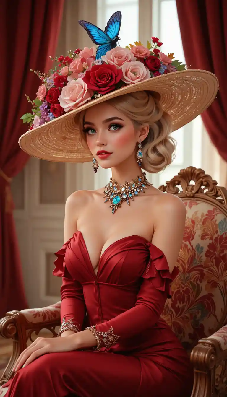 Elegant woman in red dress on a floral armchair