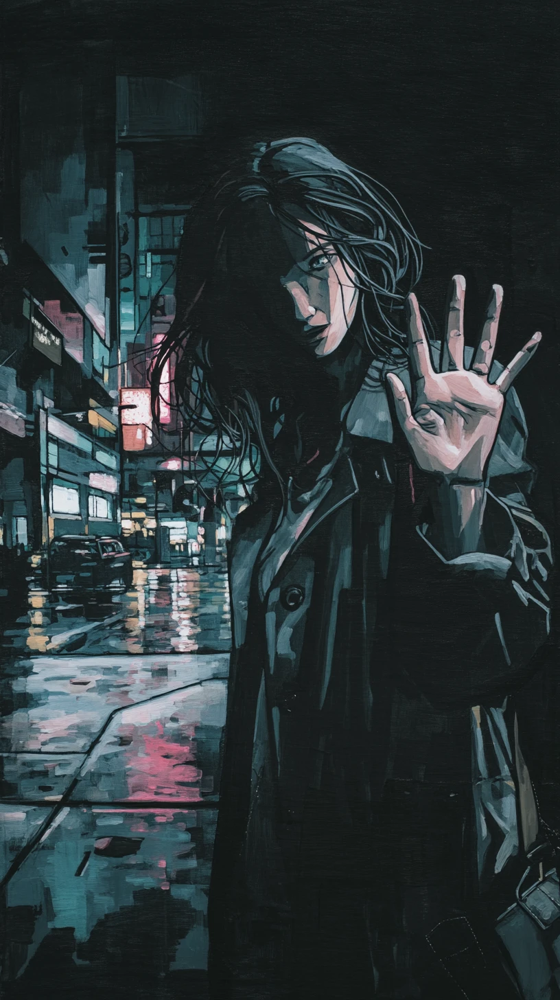 Woman waving on a rain soaked city street at night