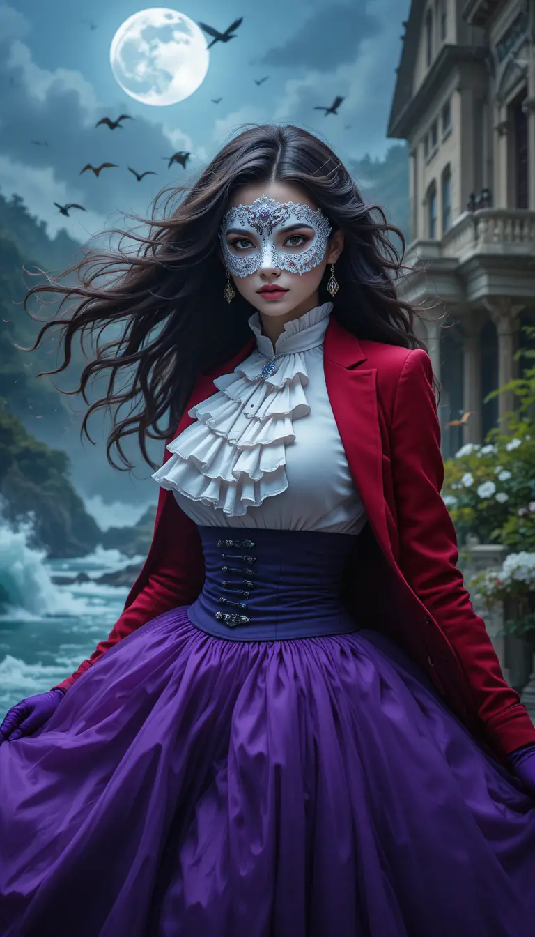 Masked woman in red jacket and purple skirt at mansion