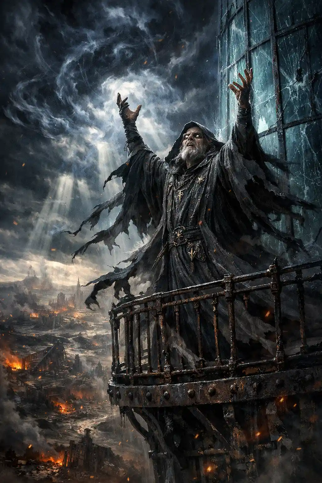 Ancient wizard casting a storm spell from glass tower balcony
