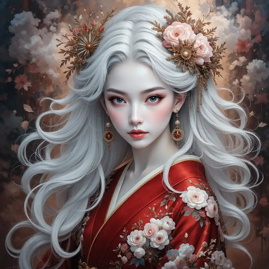 Mystical geisha portrait with flowing hair and red kimono