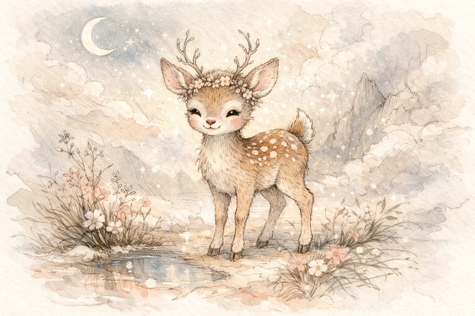 Lächelndes Rehkitz in eleganter Feder- und Aquarellillustration
