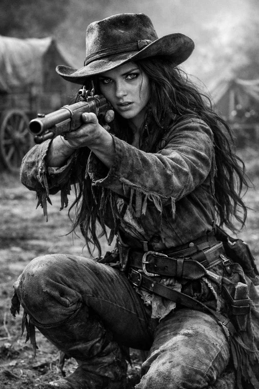 Young cowgirl aiming a shotgun in dramatic pose