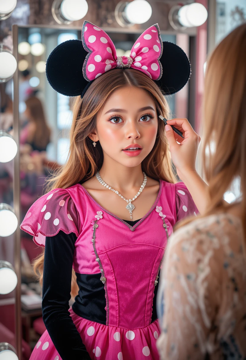 Young boy in pink Minnie dress getting makeup in boutique