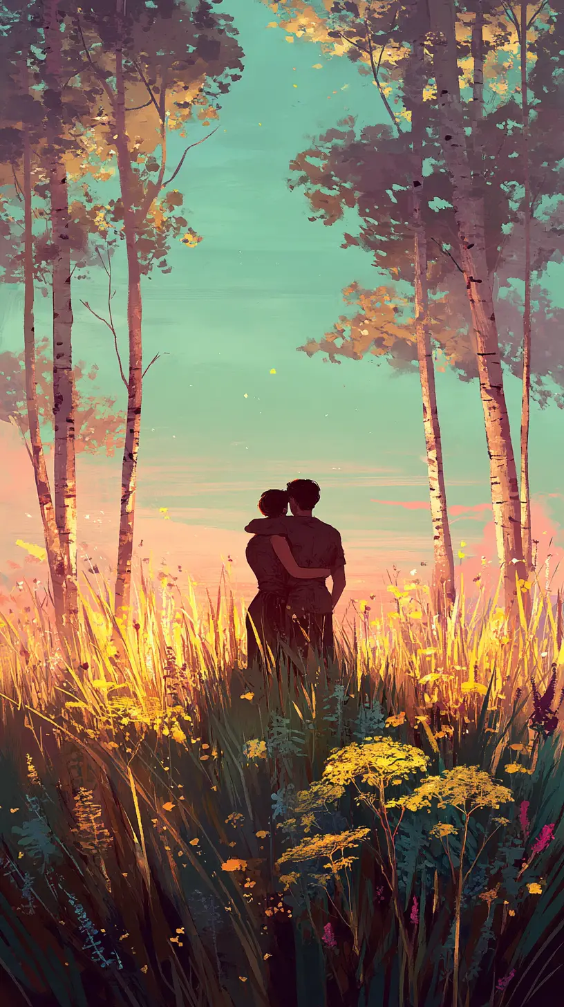Silhouetted couple embracing in a Nordic summer meadow