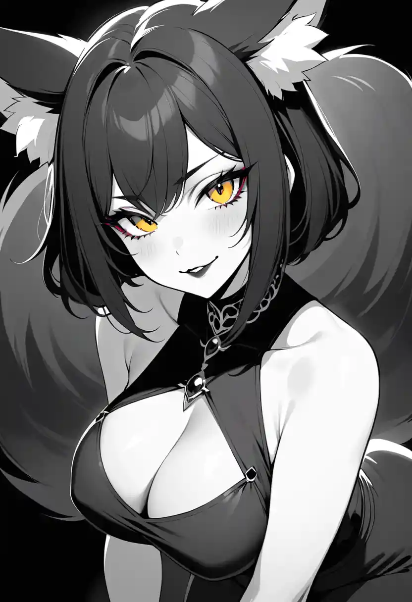 Gothic fox woman with glowing eyes in close up portrait