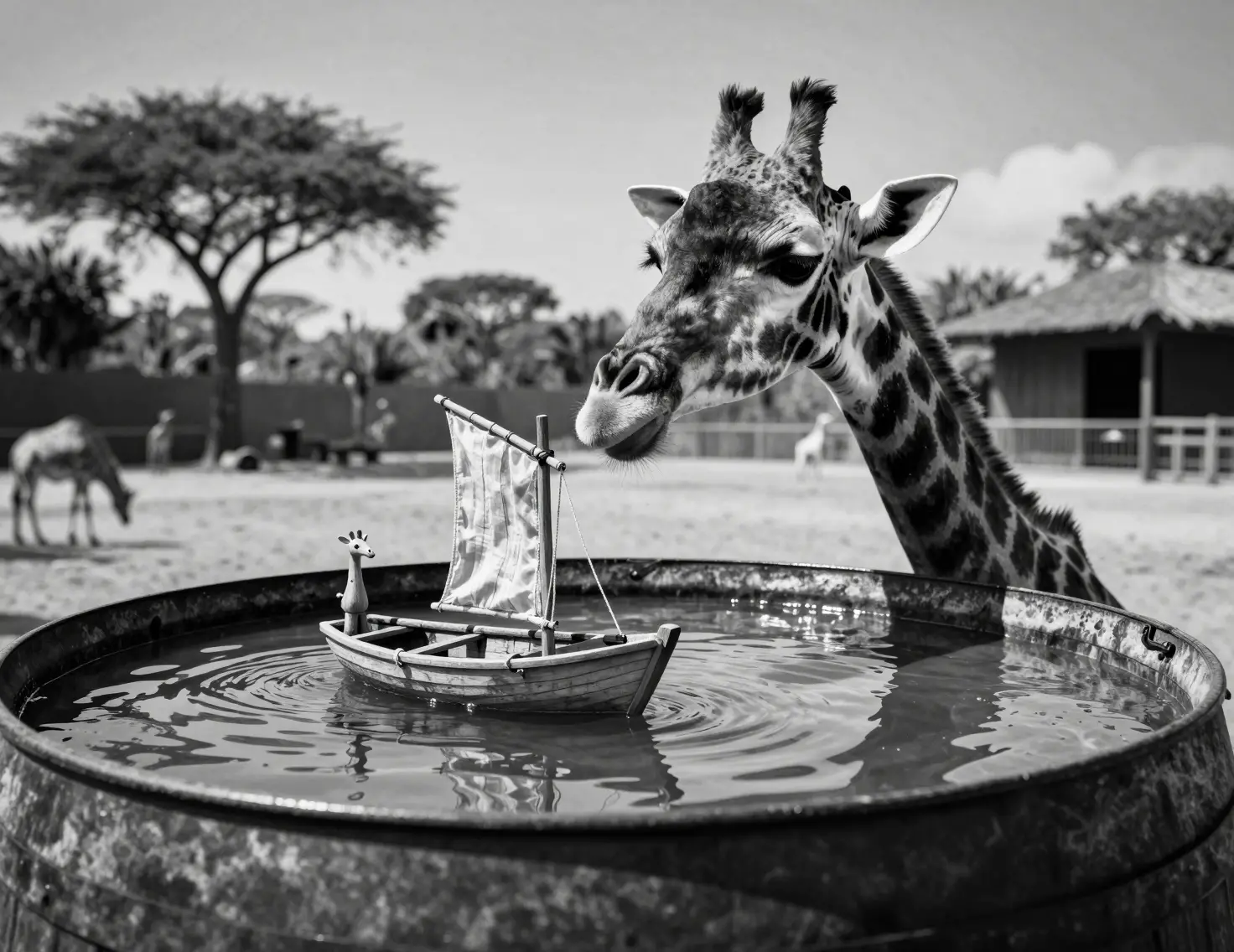Giraffe Blowing A Tiny Boat Across Barrel Water