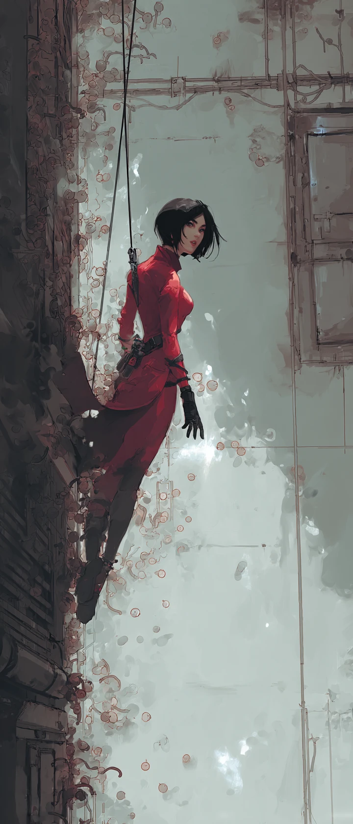 Spy in red dress swings through leech infested lab corridor