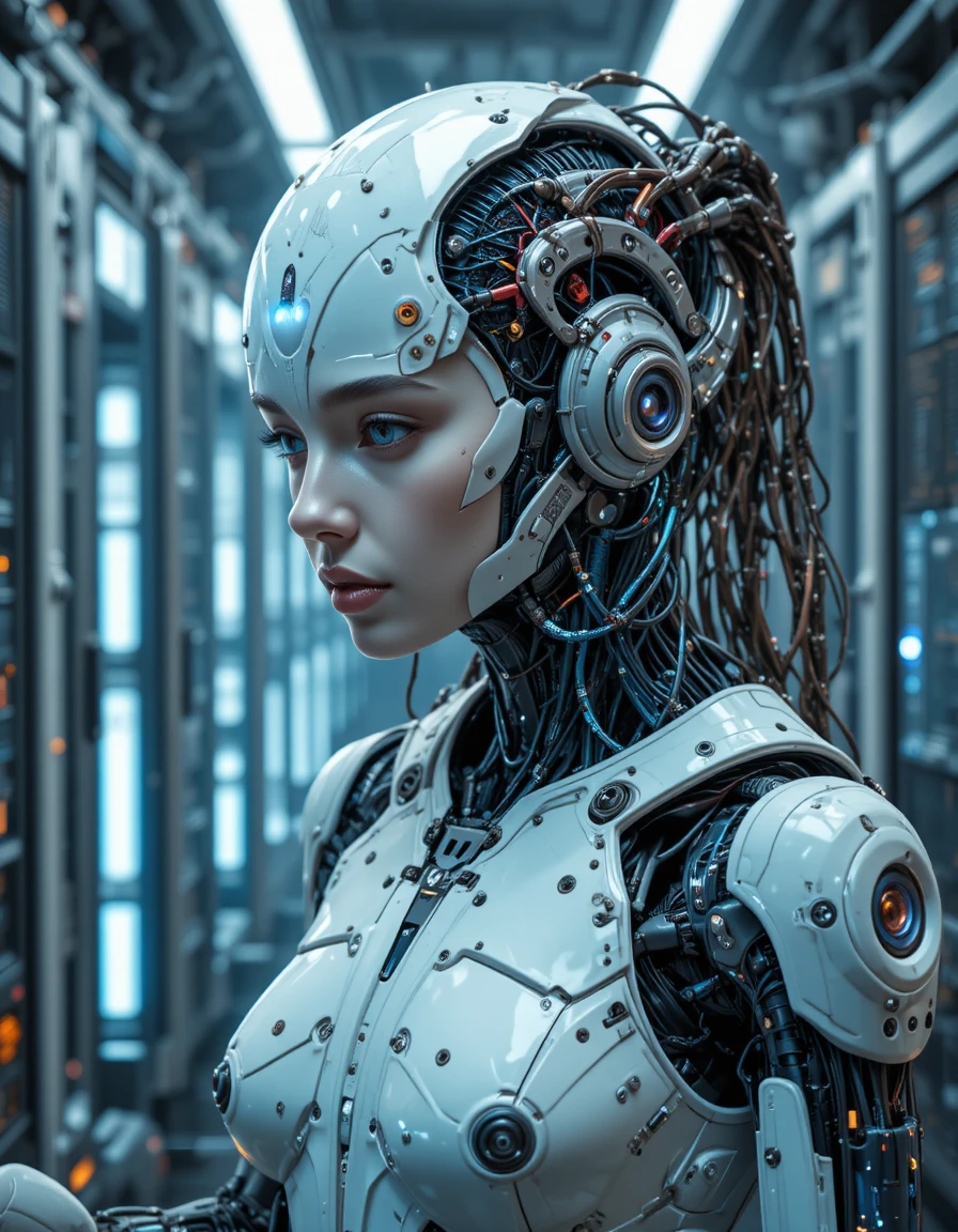 Cyborg woman wired into a cyberpunk data center mainframe