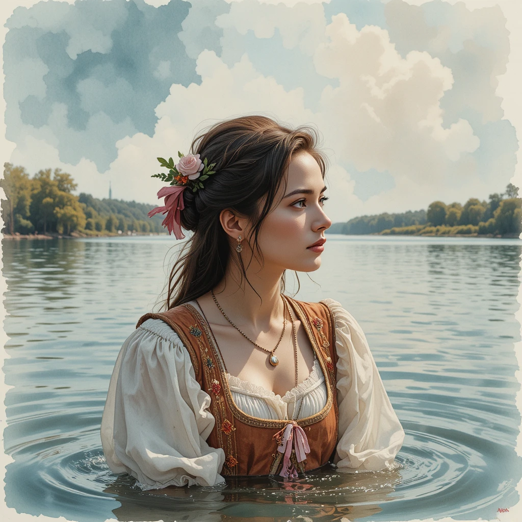 Woman in a river gazing at her mirrored reflection