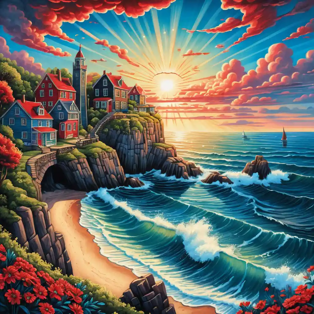 Vibrant seaside cliff town under radiant summer sunlight