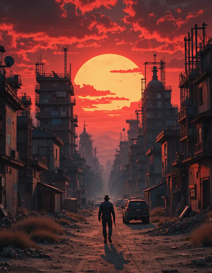 Post apocalyptic bandit stronghold city under red sunset sky