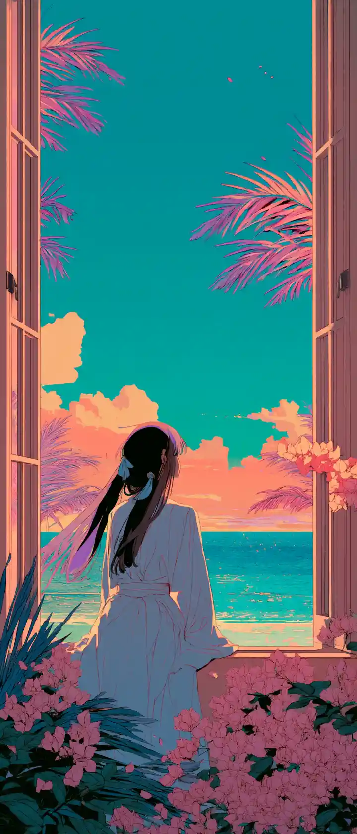 Ragazza anime in vestaglia di seta alla finestra su un paradiso tropicale