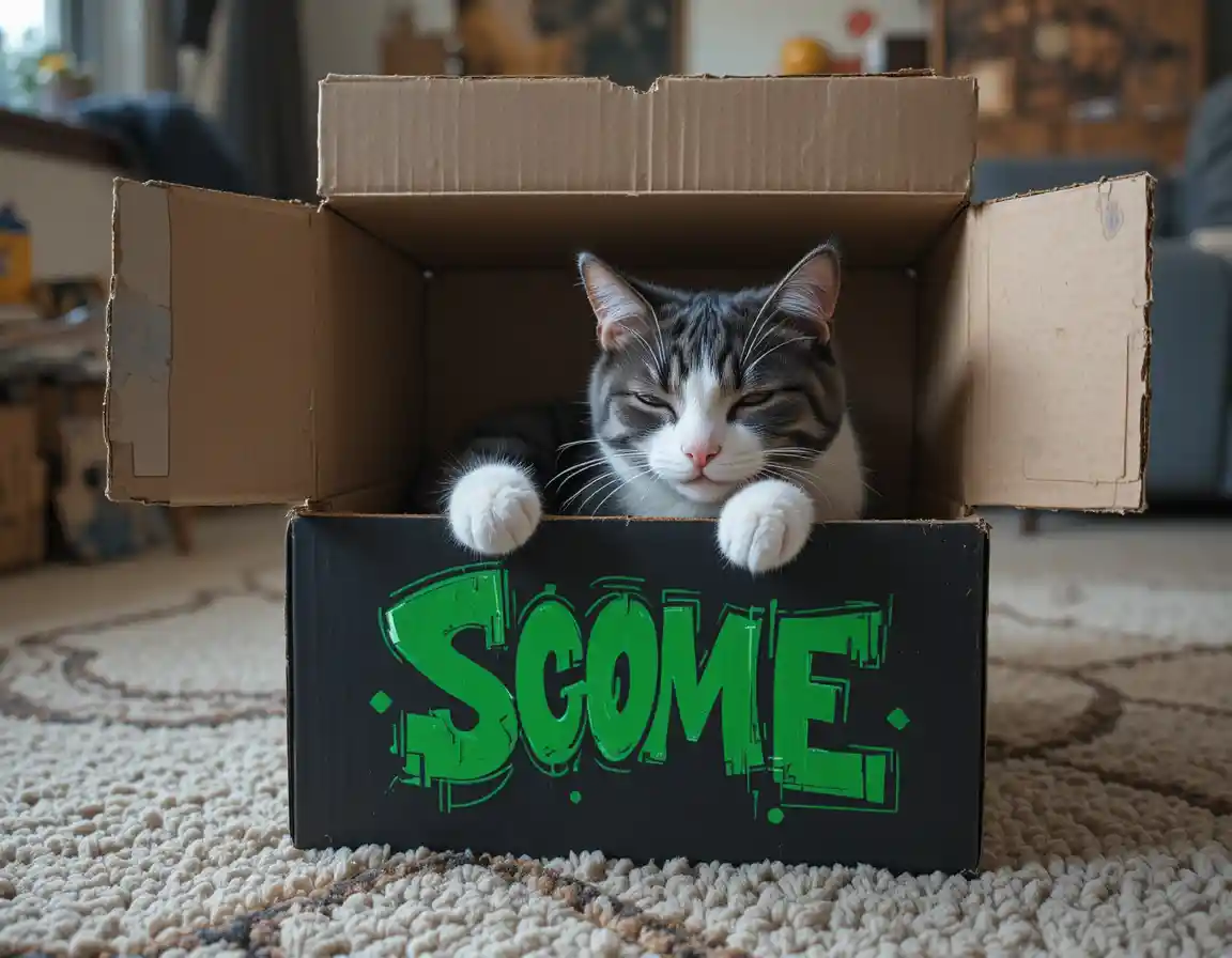 Gatto bianco e nero che riposa dentro una scatola di cartone aperta