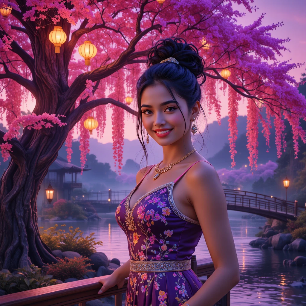 Smiling Indian girl on cruise deck with fantasy garden
