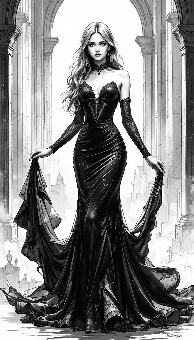 Elegante Frau im fließenden schwarzen Kleid – Tintenillustration