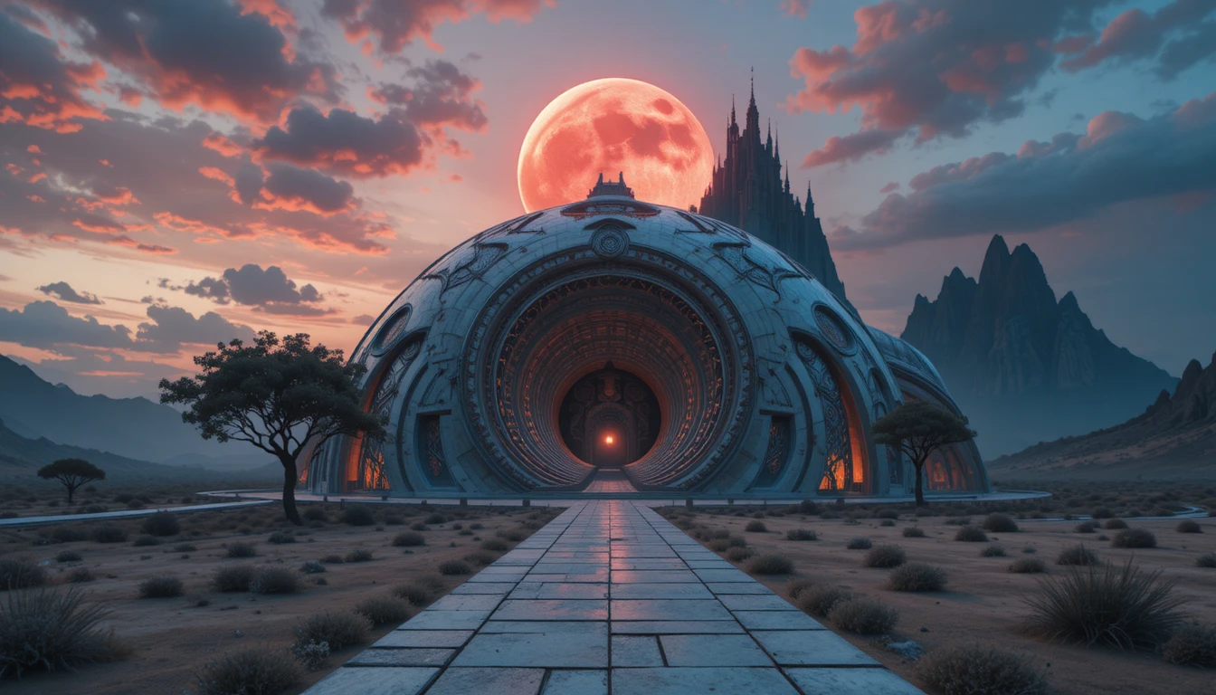 Surreal spiral building under a twilight sky with tree