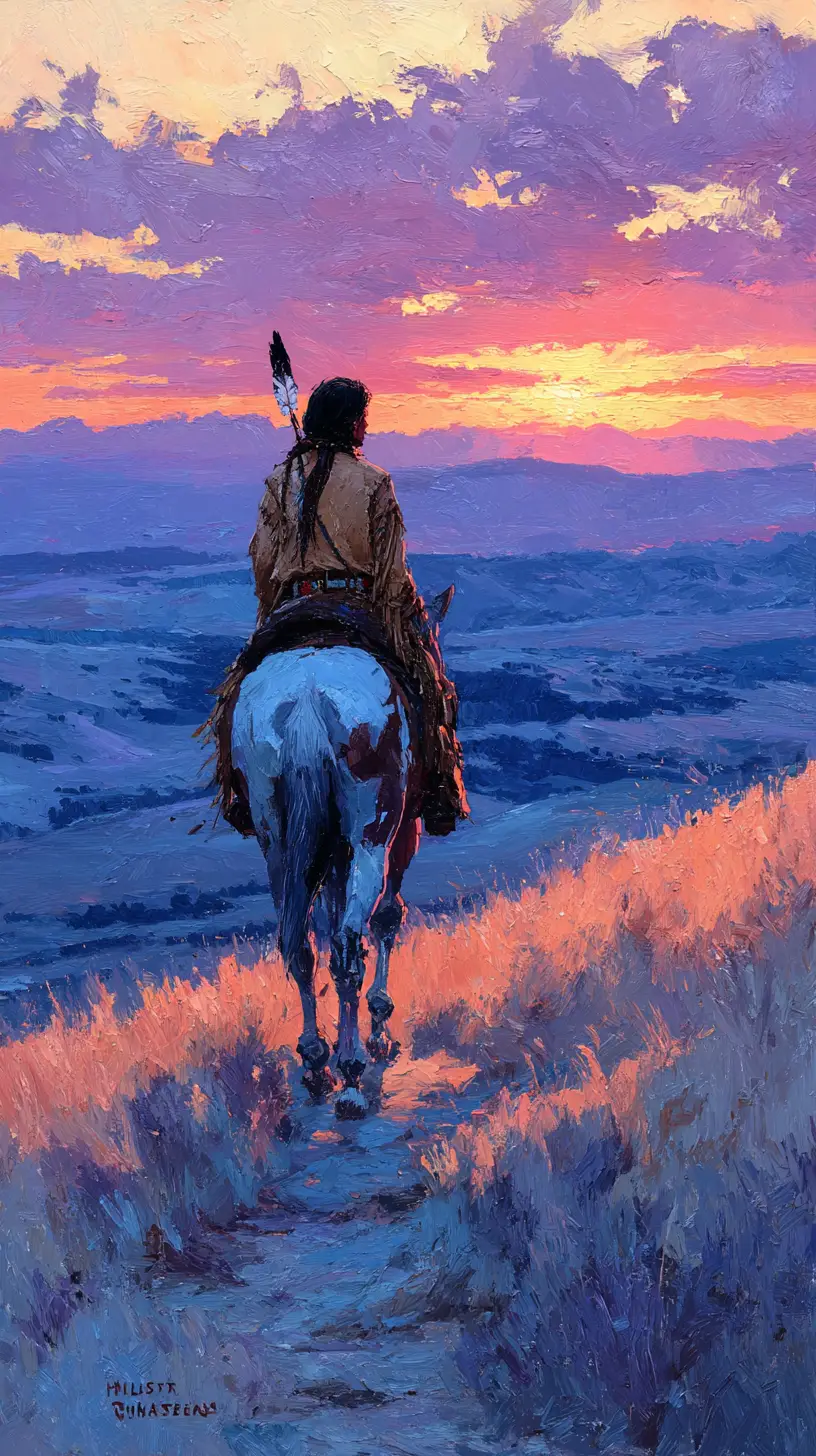 Lakota rider crossing sunset grasslands on a paint horse
