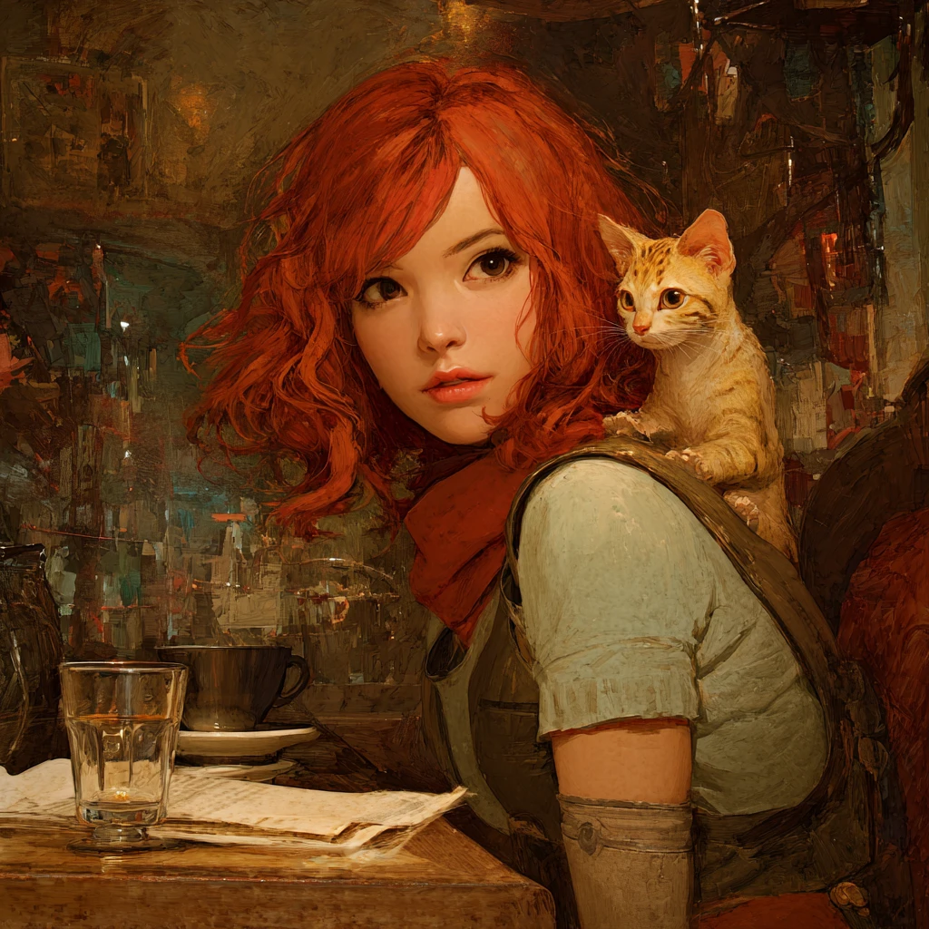 Anime woman with small creature in an Italian cafe