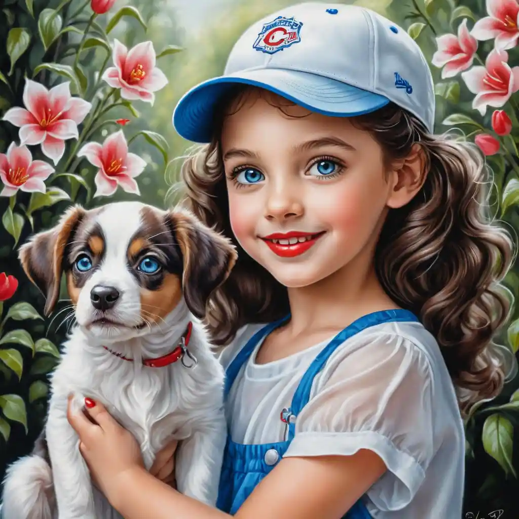 Smiling spring girl with puppy in shiny silver outfit