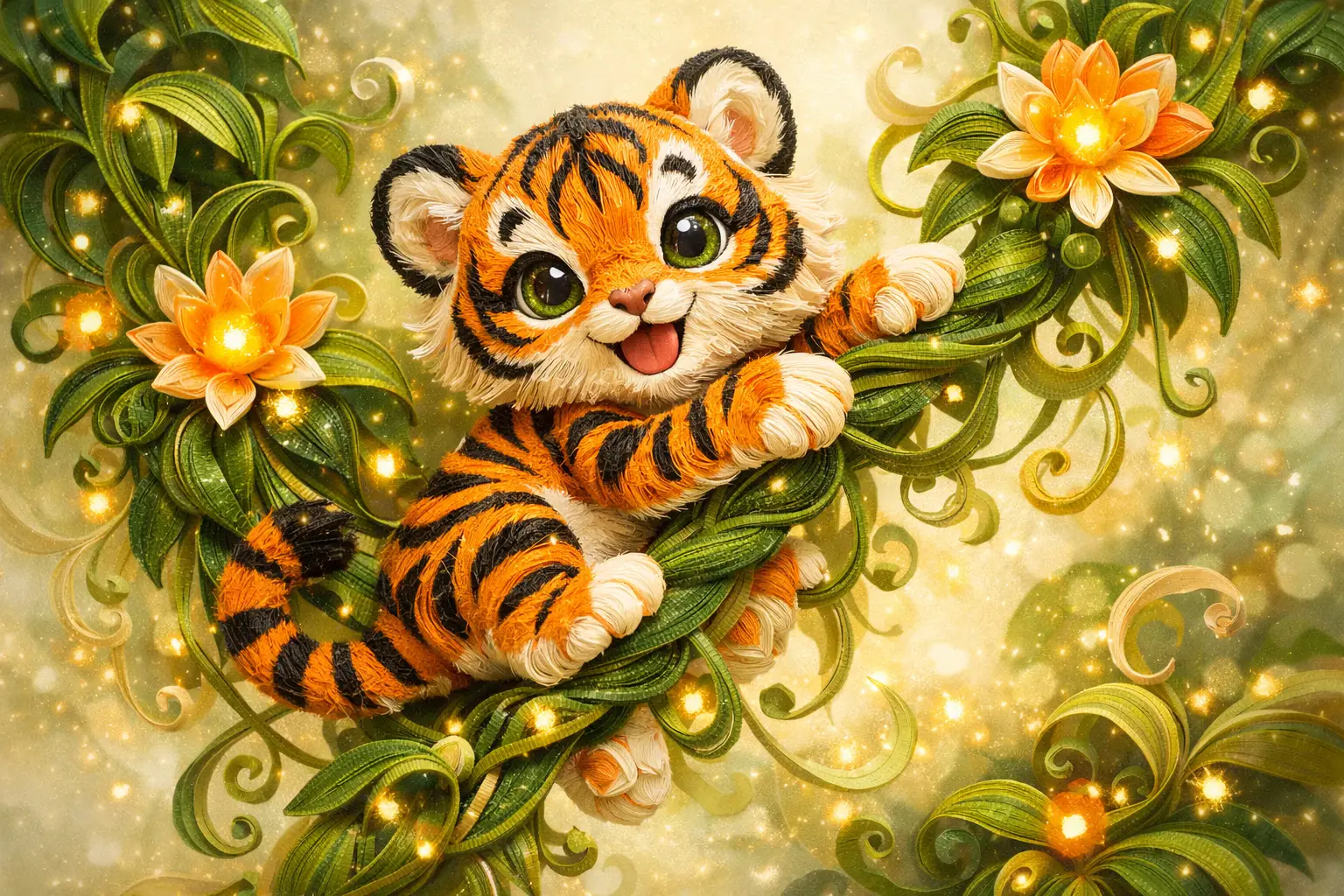 Whimsical paper quilling baby tiger climbing jungle vine