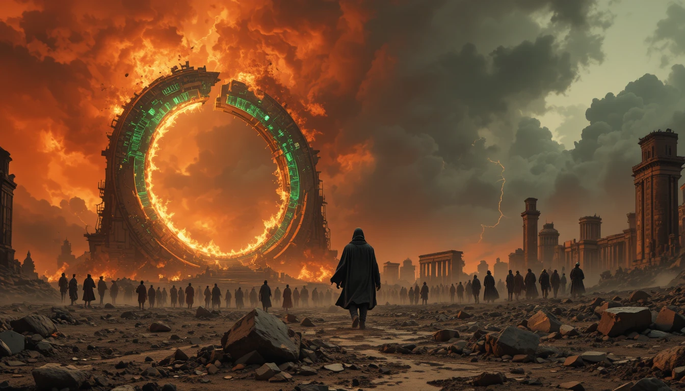 Post apocalyptic city ruins beneath a violent red sky