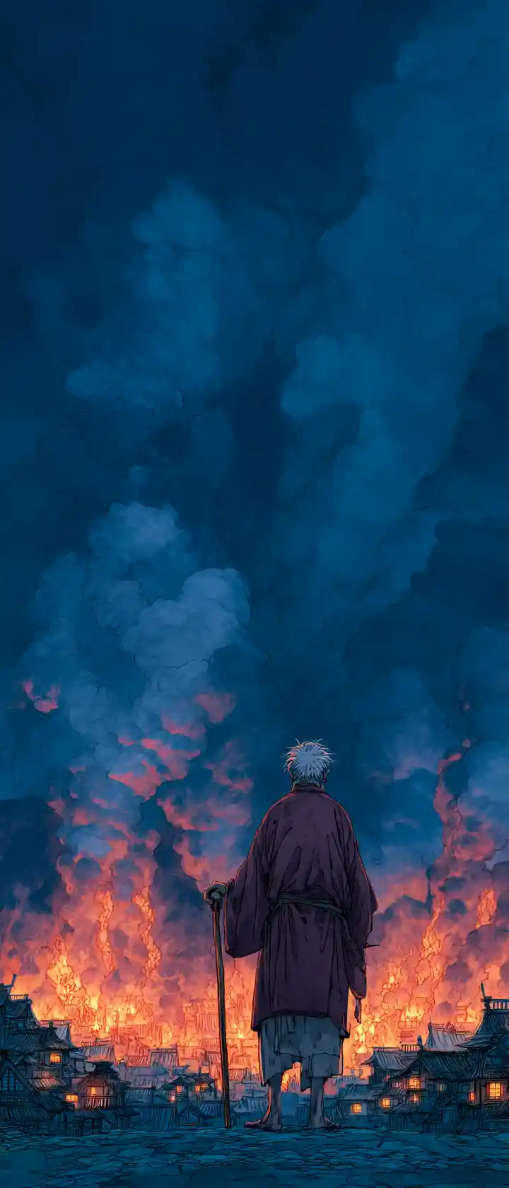 Elderly man watching his burning village from a hill