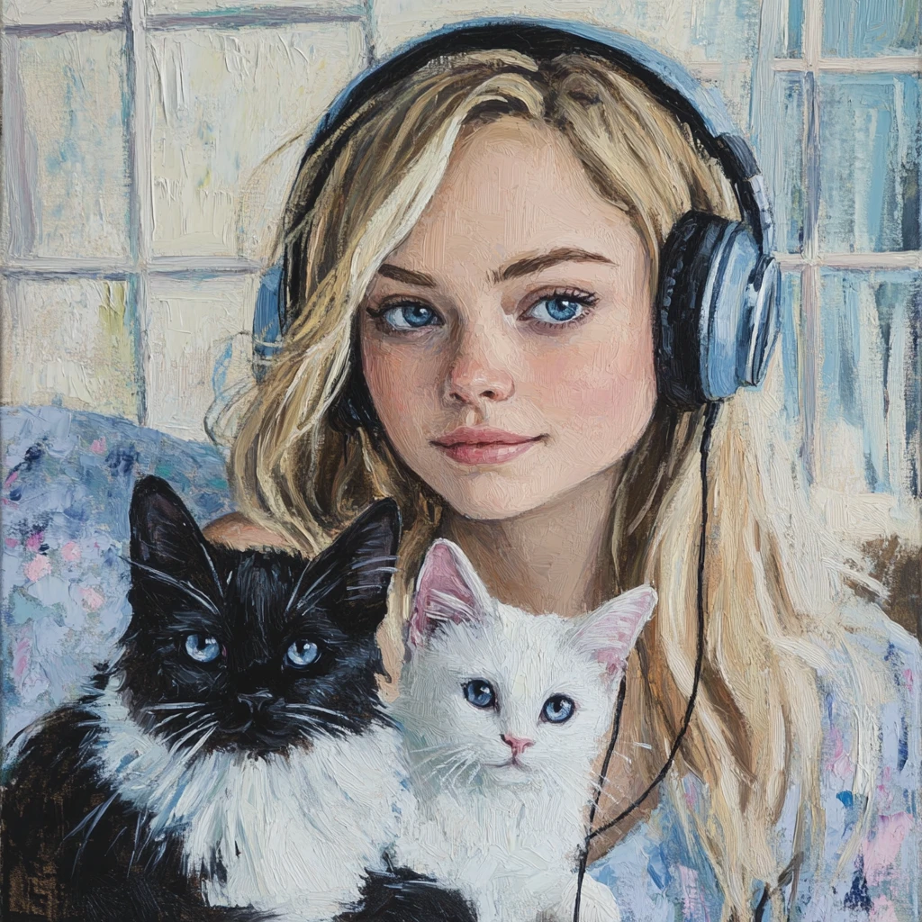 Chica en la cama con gatos escuchando música en pintura acrílica
