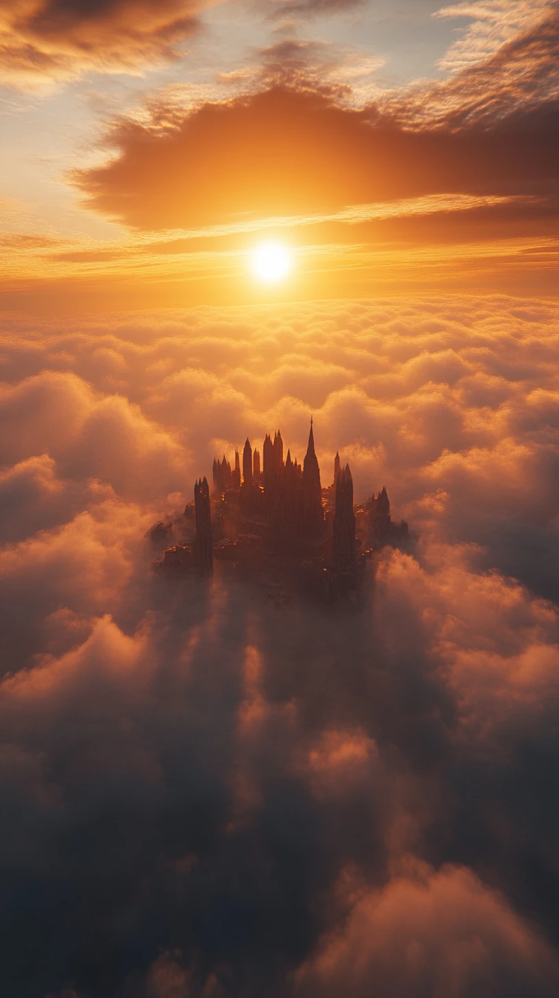 Sunlit medieval fortress rising above an endless cloud sea