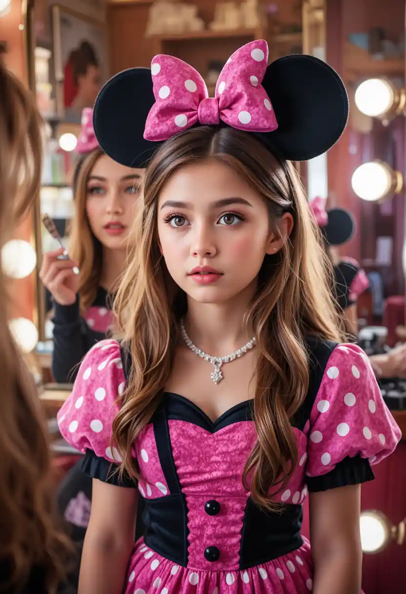 Giovane ragazzo con abito rosa di Minnie davanti allo specchio trucco di una boutique