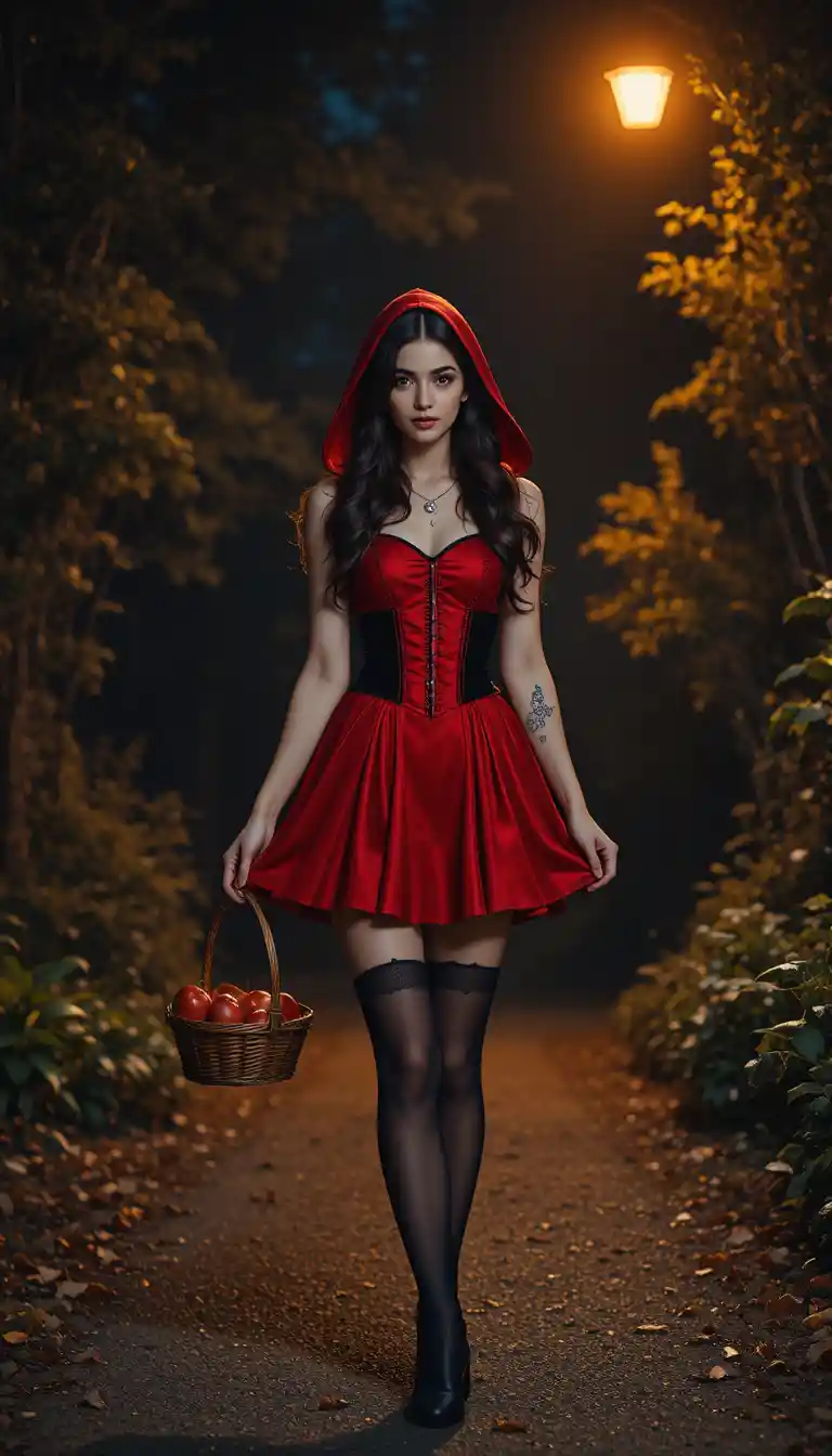 Giovane donna con cappuccio rosso che cammina su un sentiero oscuro nel bosco