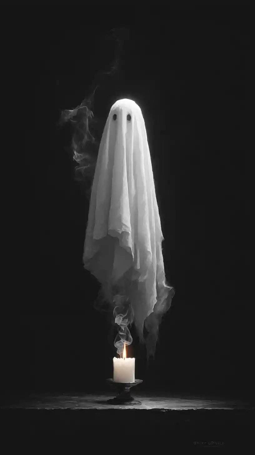 Cute ghost floating above candle with drifting smoke