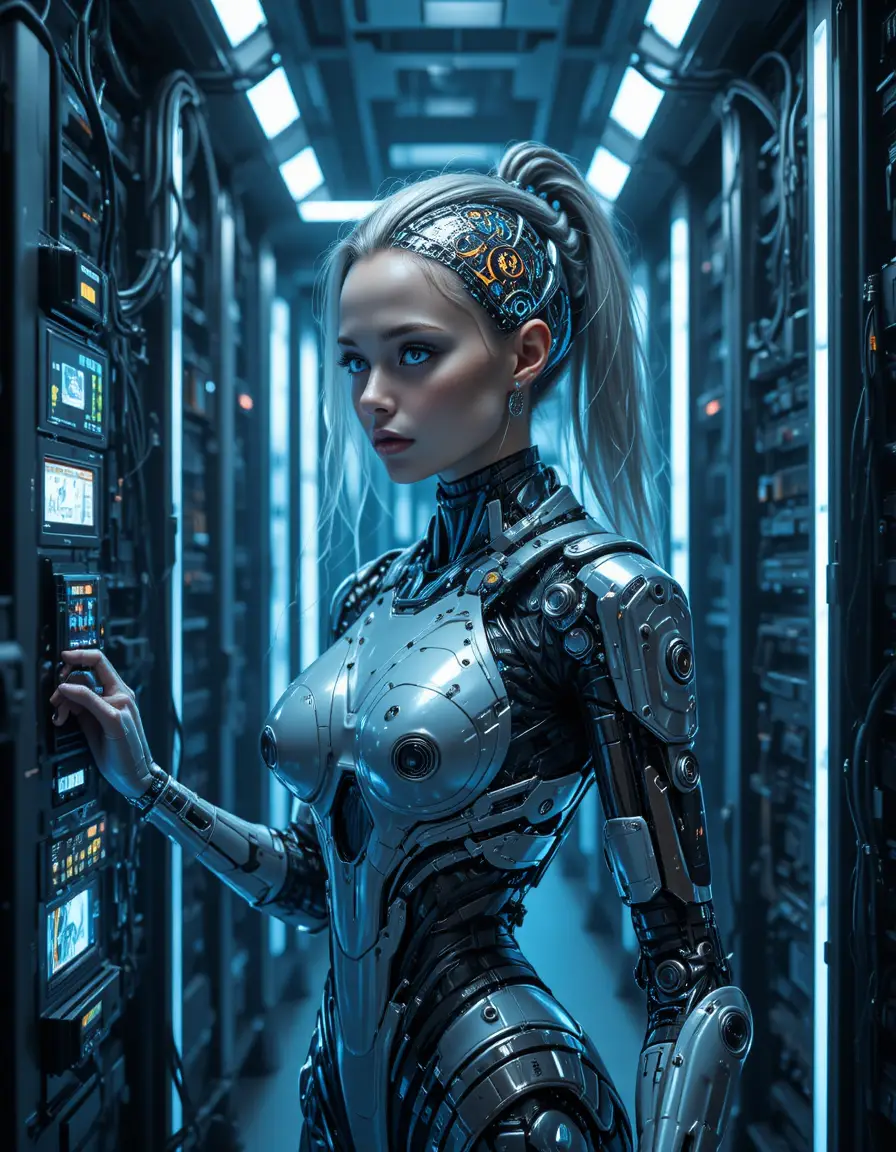 Cyborg woman linked to cables in futuristic data center