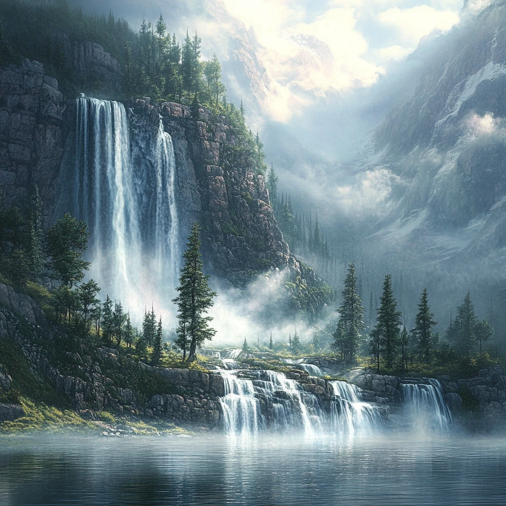 Serene Waterfall Flowing Into A Misty Forest Lake