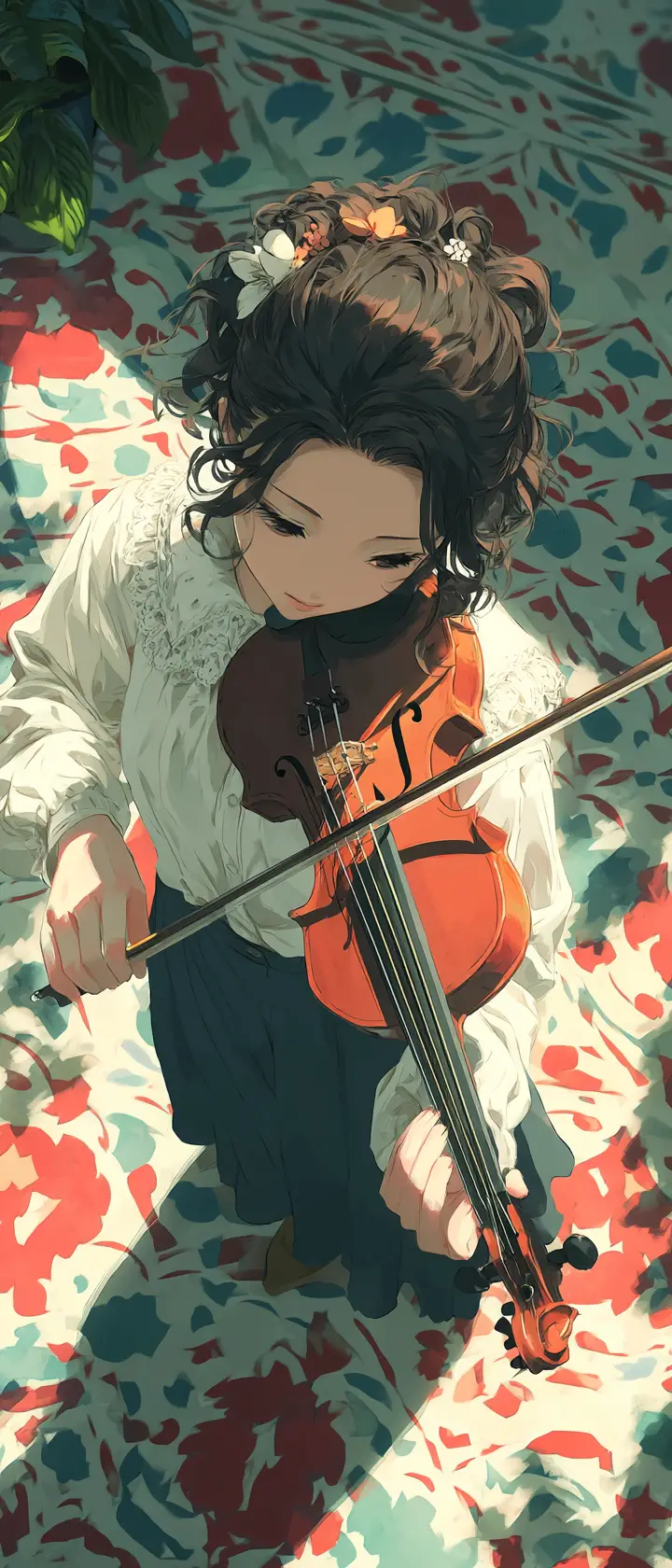 Anime violinist playing in a colorful sunlit art studio