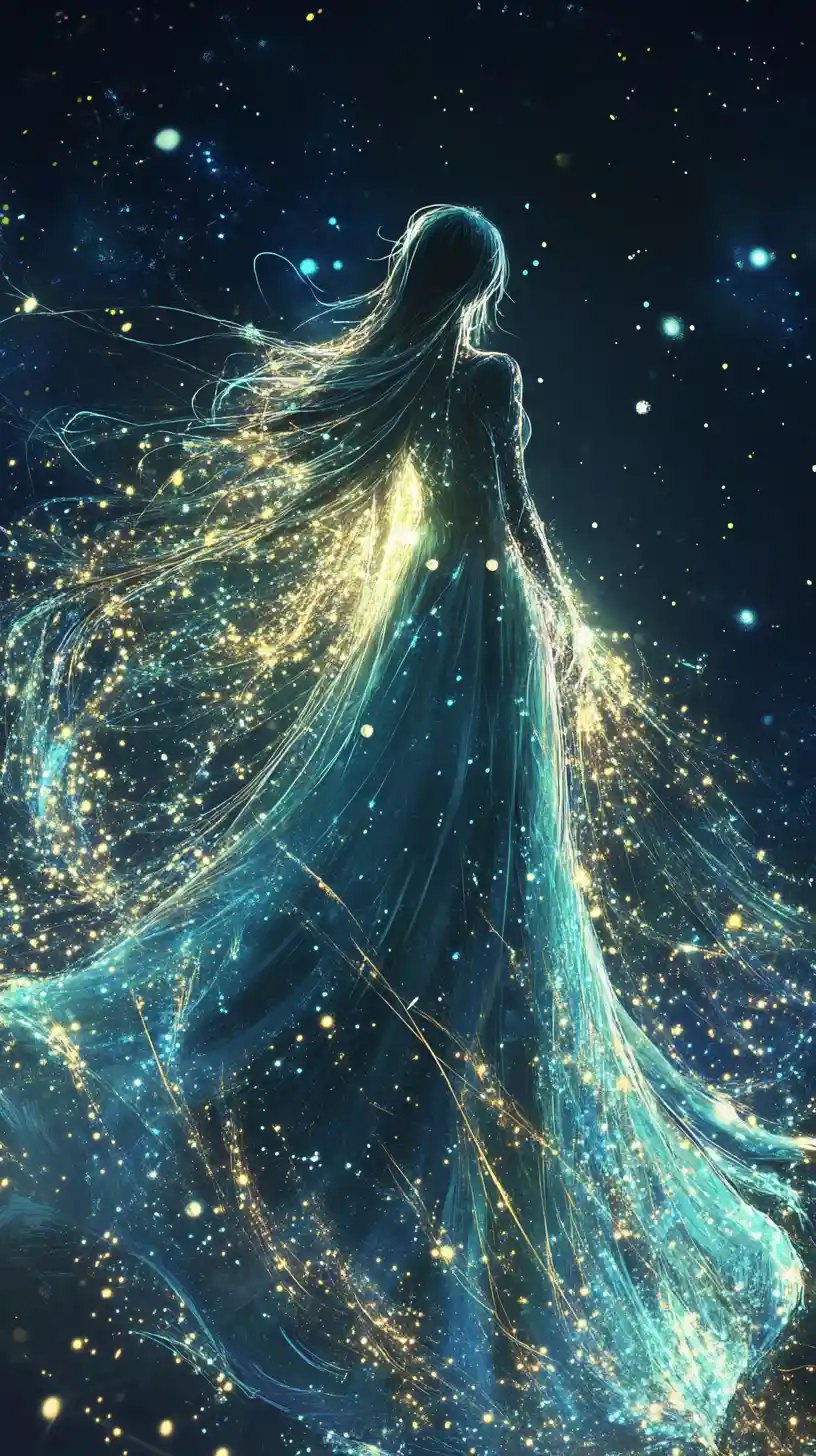 Radiant cosmic woman formed of glowing lines and light