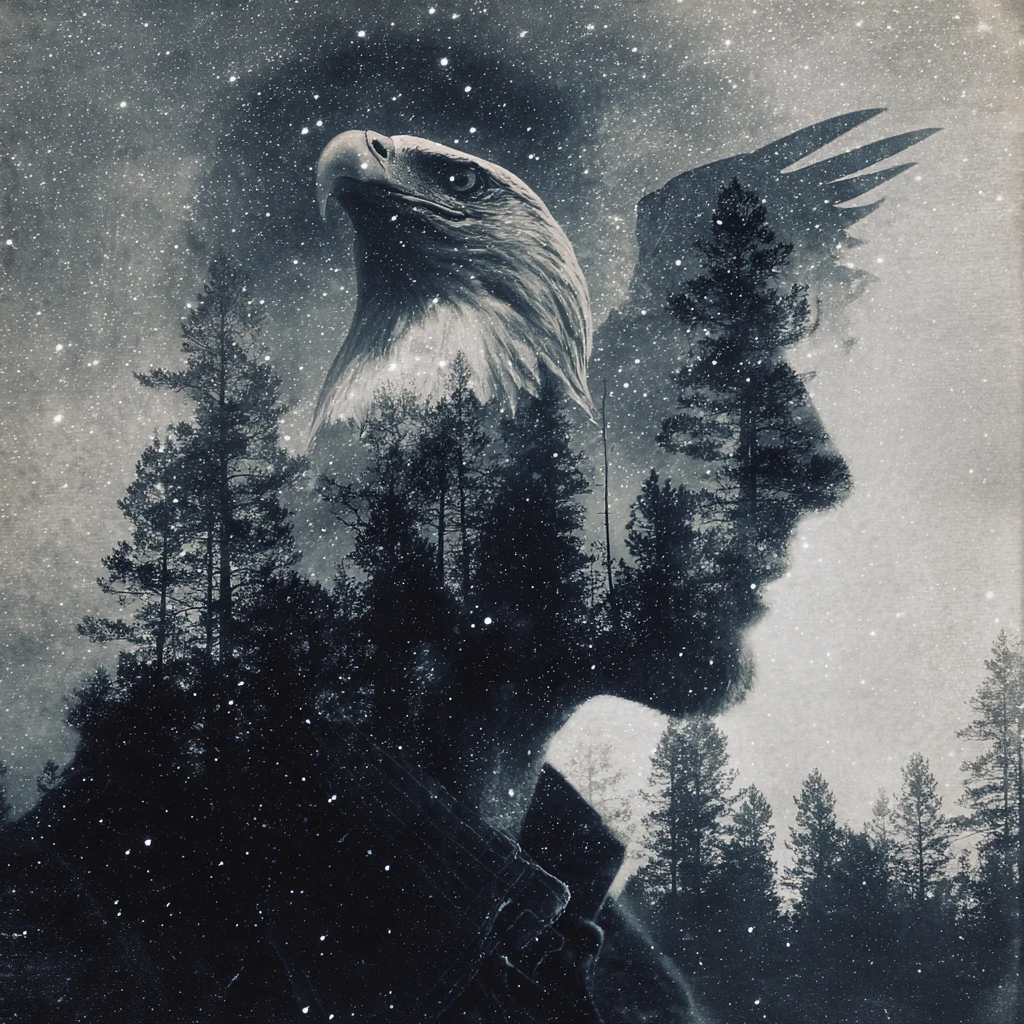 Mystical double exposure of a head forest and soaring eagle