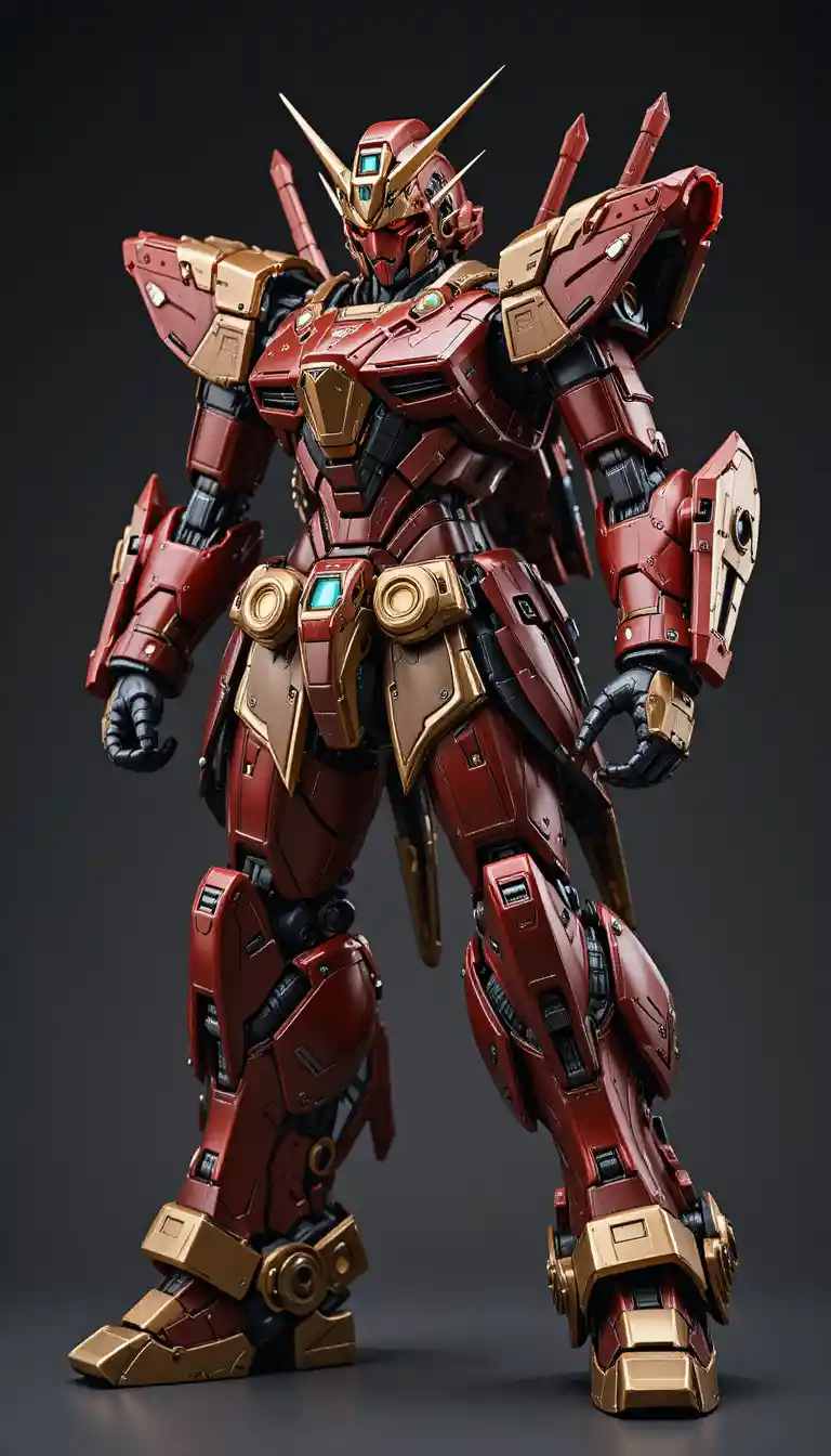 Futuristic red and gold mecha suit in detailed armor