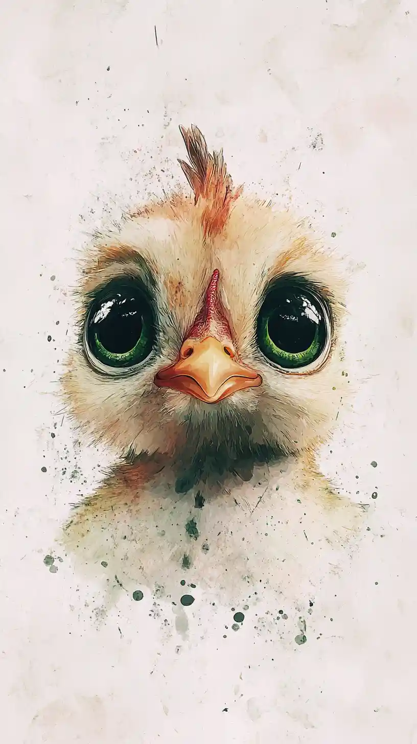 Whimsical Watercolor Chicken With Large Shining Green Eyes