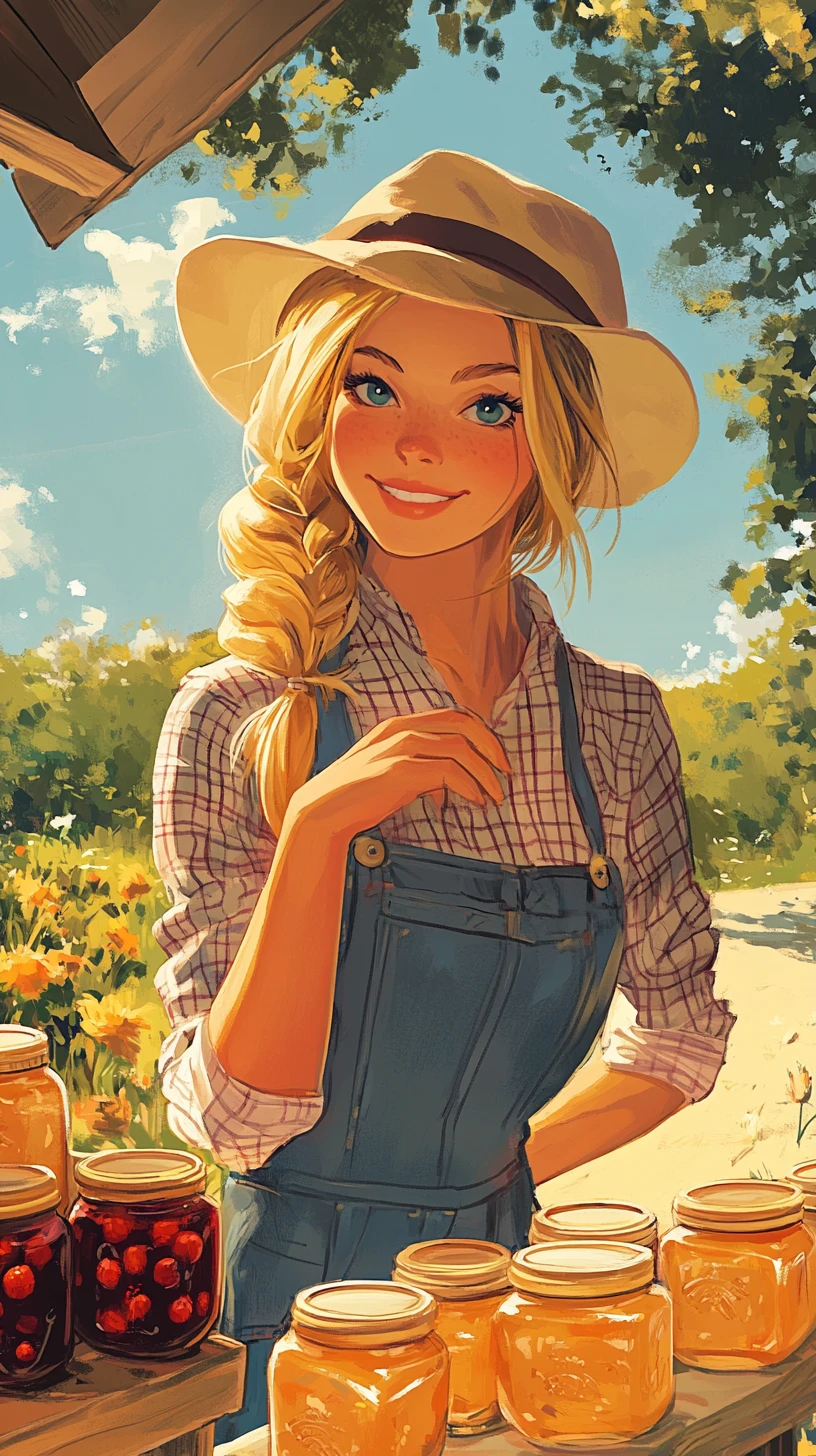 Jeune fermière blonde vendant de la confiture à un stand rural en bord de route