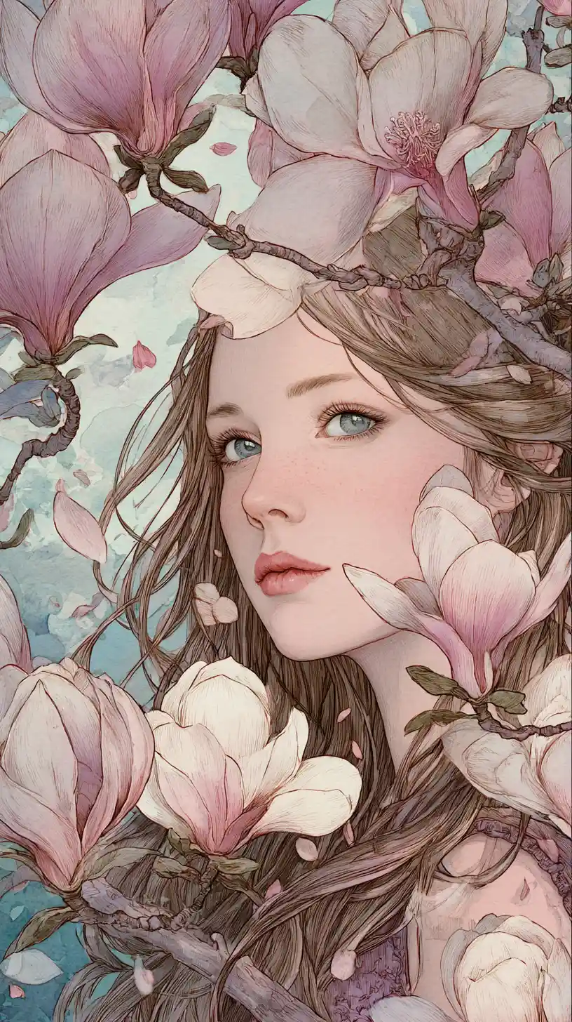 Dolce donna che riposa accanto a una magnolia in fiore sotto l’aurora