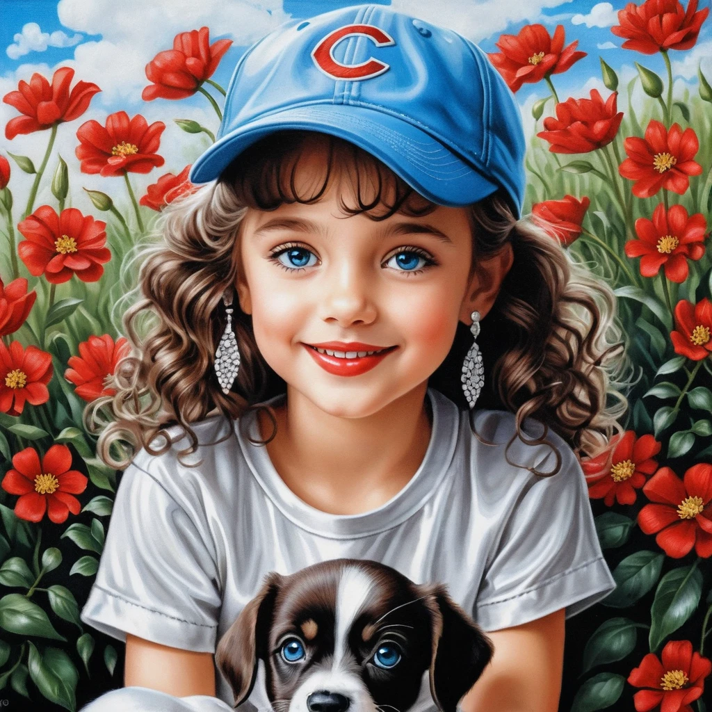 Smiling spring girl with puppy in shiny silver outfit