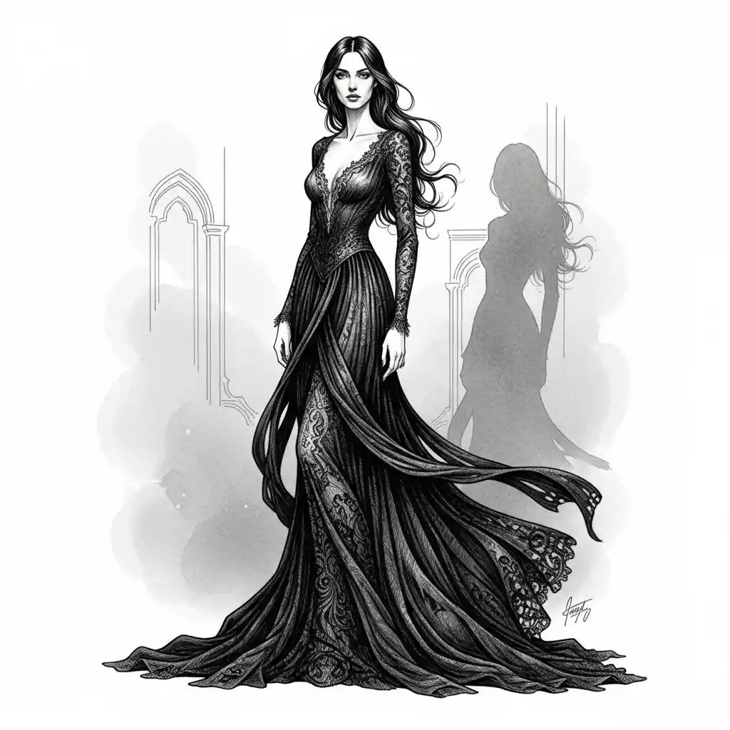 Elegante Frau im fließenden schwarzen Kleid – Tintenillustration
