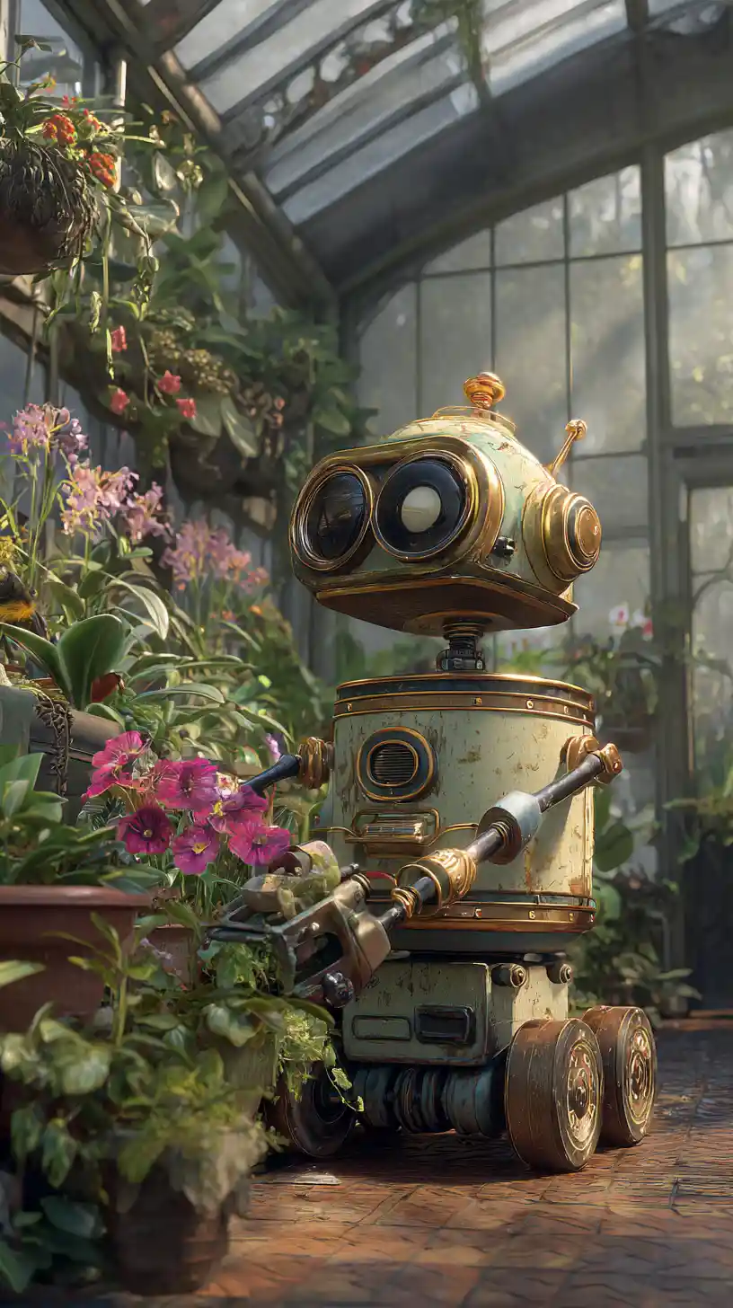Retro-Roboter pflegt einen winzigen leuchtenden Gewächshausgarten