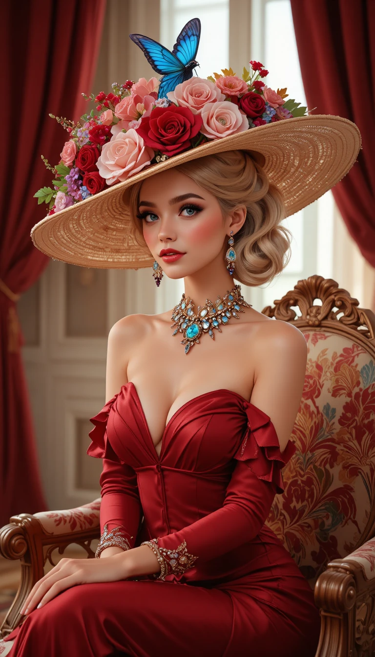 Elegant woman in red dress on a floral armchair