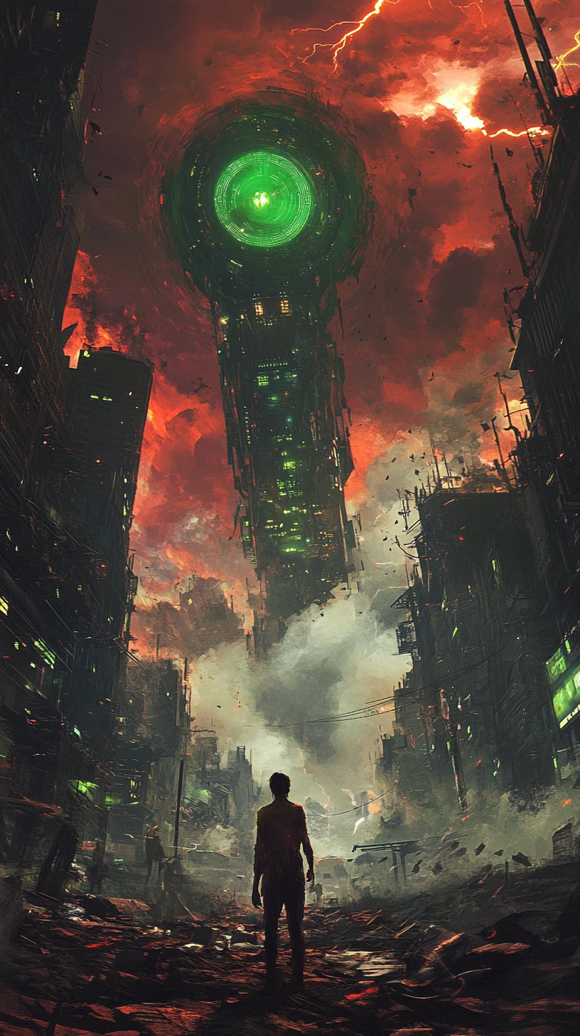 Lone survivor in a ruined city under blood red sky