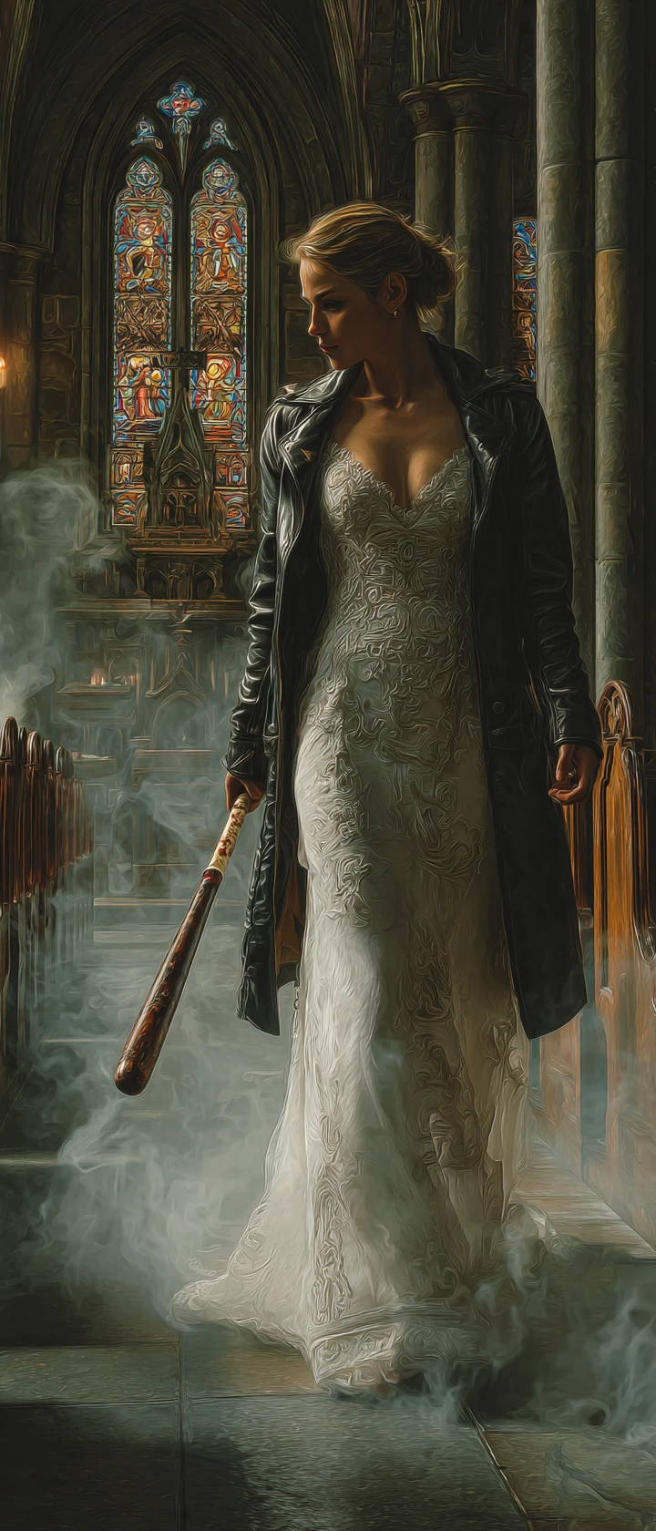 Bride with baseball bat in gothic church nave