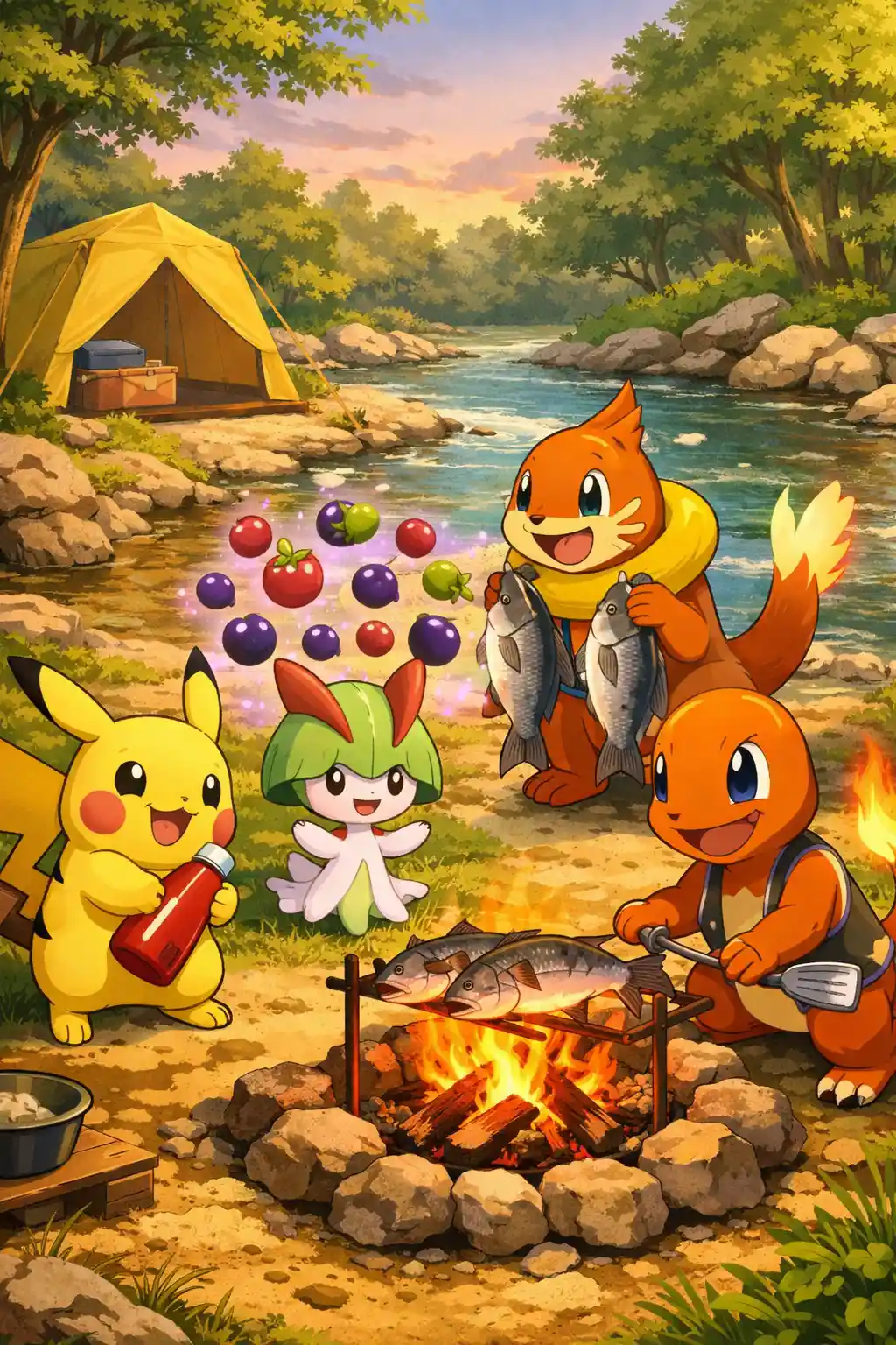 Cute elemental creatures cooking together at riverside camp