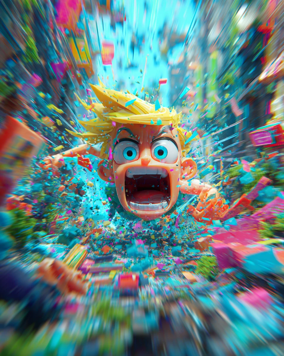 Cartoon hero blasted by impact in chaotic city street