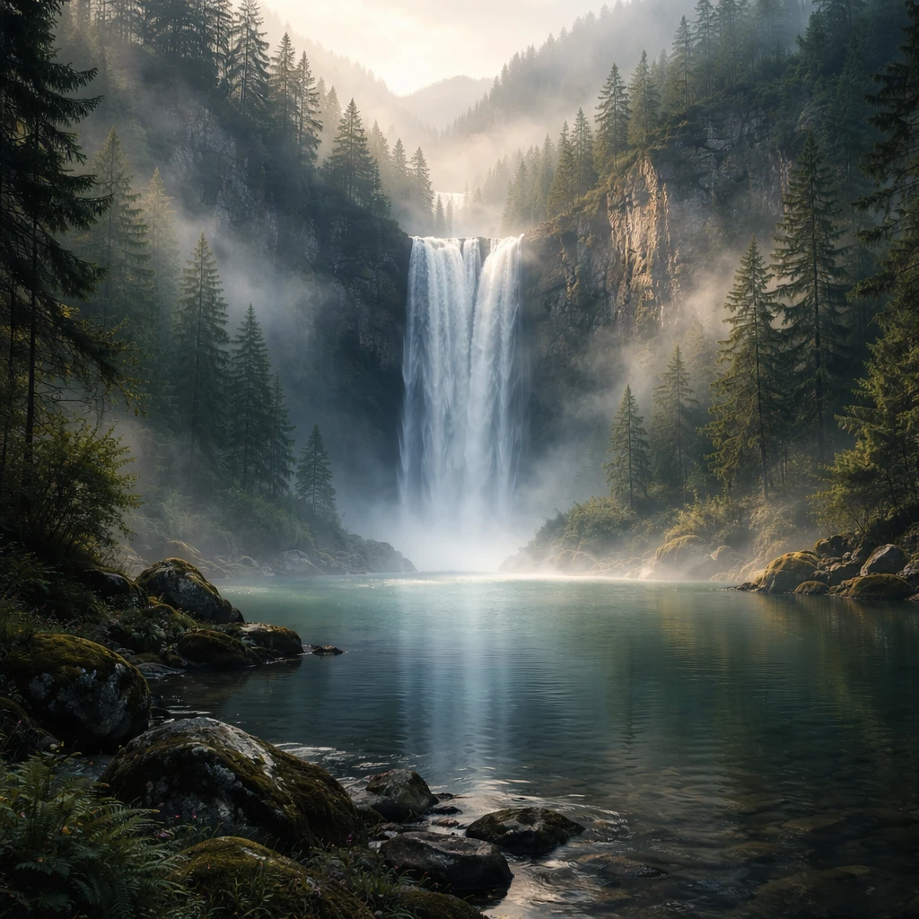 Cascade en Forêt Brumeuse Se Jetant dans un Lac Tranquille